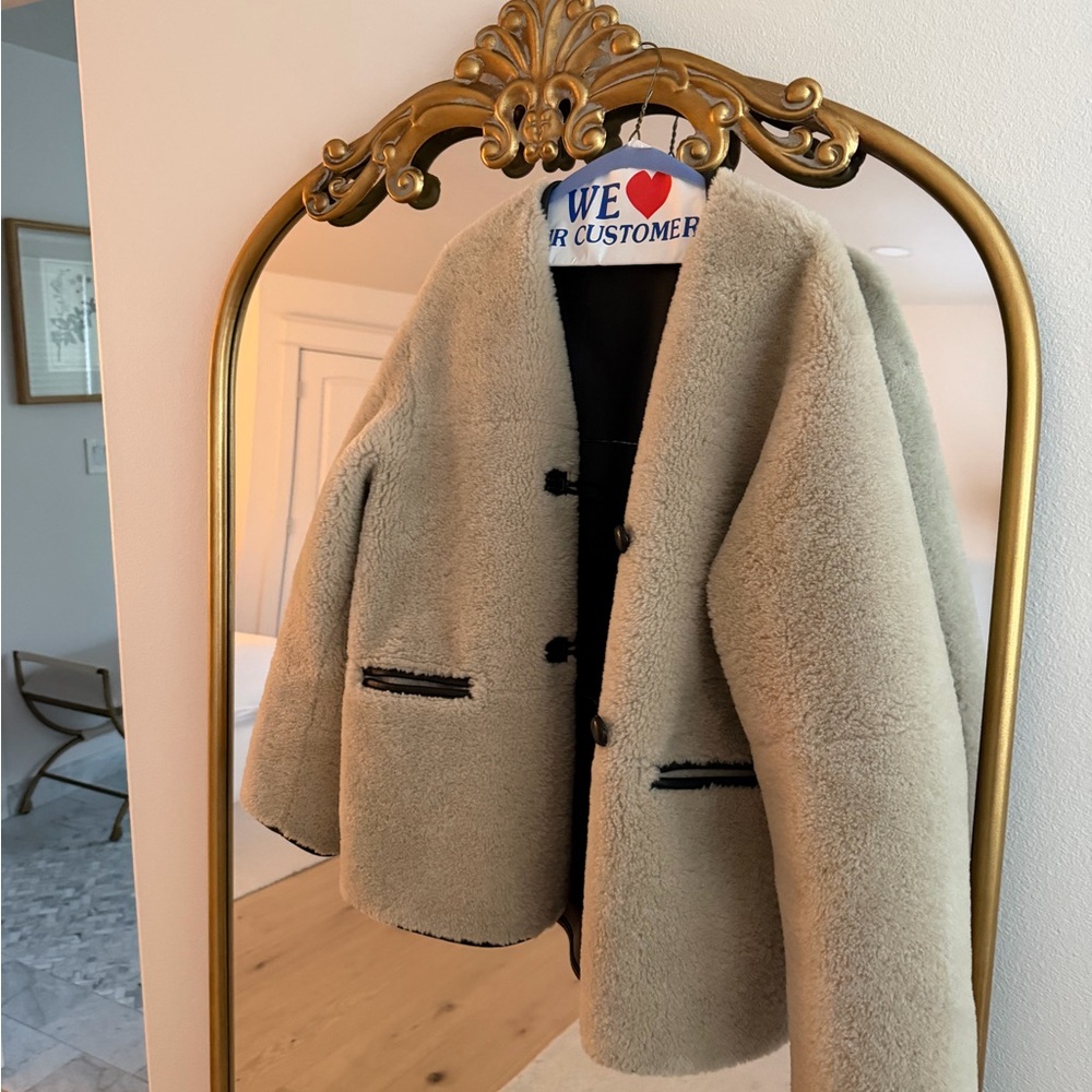 Mango Cream Teddy Jacket with Black Details